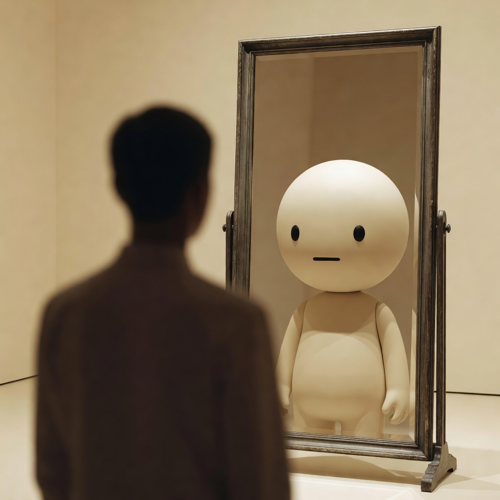 A person, seen from behind, facing a mirror. The reflection is not them — it is their em dash unit, looking calmly back.