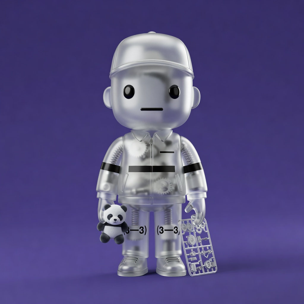 Production sample: Llame unit, translucent shell, gears visible, holding a small panda plushie.