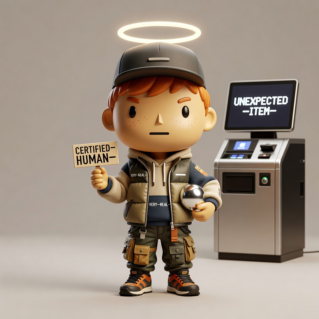 Production sample: a unit at the self-checkout, holding a CERTIFIED—HUMAN sign.