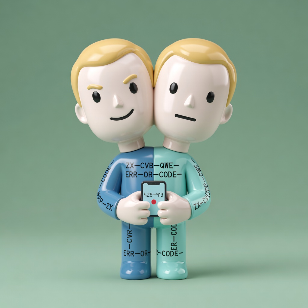 Production sample: Geminy unit, two heads on one body, one of them worried about a two-factor code.