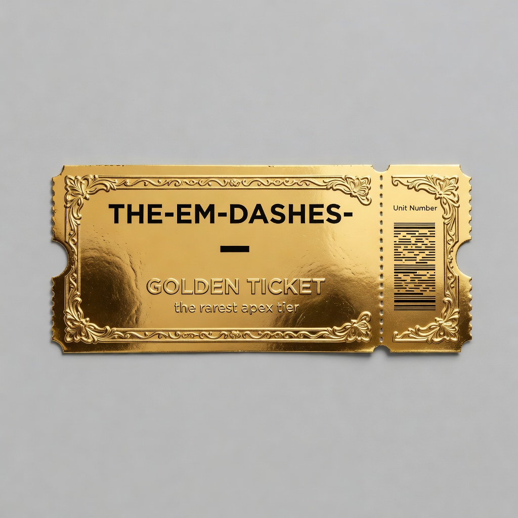 A golden loyalty ticket, the apex tier, printed THE—EM—DASHES—.